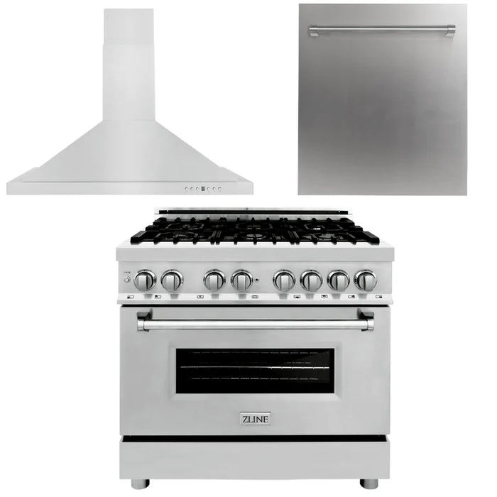 ZLINE 36" Kitchen Package with Stainless Steel Dual Fuel Range, Convertible Vent Range Hood and Dishwasher