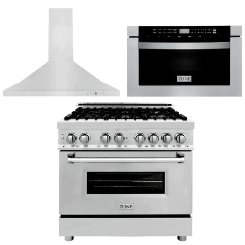 ZLINE 36" Kitchen Package with Stainless Steel Dual Fuel Range, Convertible Vent Range Hood and Microwave Drawer 1