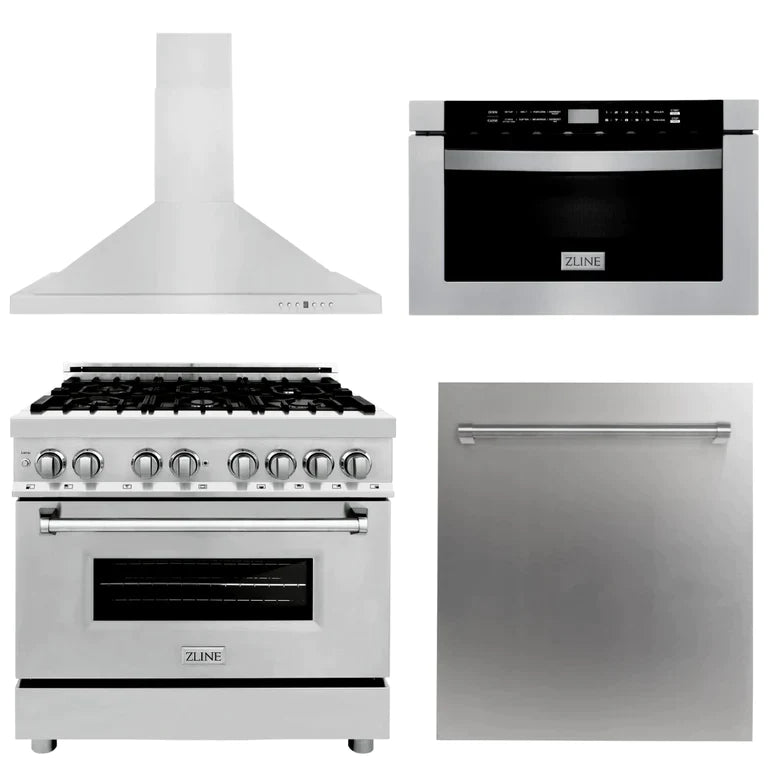 ZLINE 36" Kitchen Package with Stainless Steel Dual Fuel Range, Range Hood, Microwave Drawer and Dishwasher 1