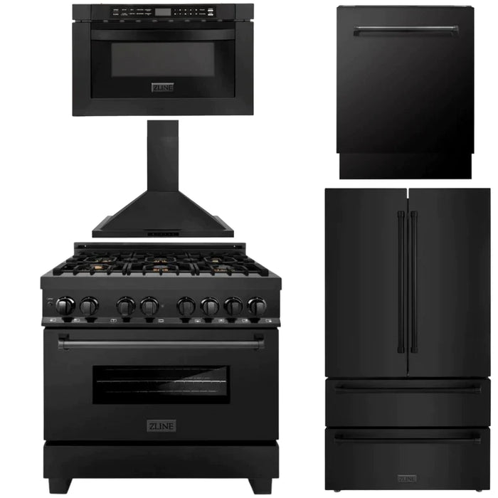 ZLINE Kitchen Package with Black Stainless Steel Refrigeration, Dual Fuel Range, Range Hood, Microwave Drawer, and 24" Tall Tub Dishwasher