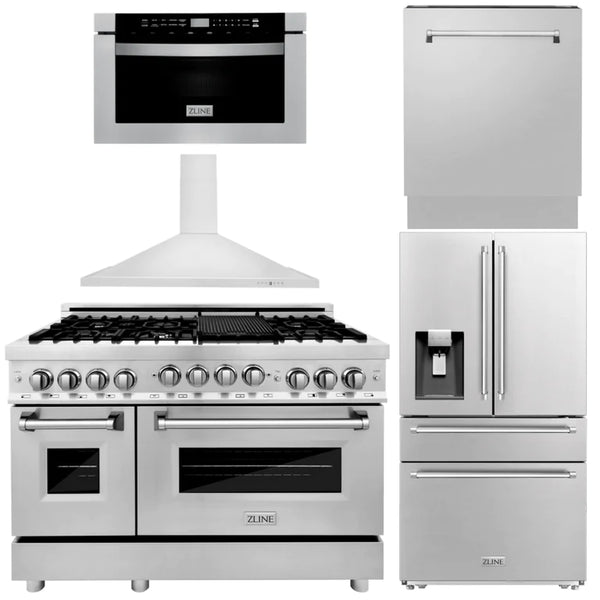 ZLINE Kitchen Package with Water and Ice Dispenser Refrigerator, 48" Gas Range, 48" Range Hood, Microwave Drawer, and 24" Tall Tub Dishwasher 1