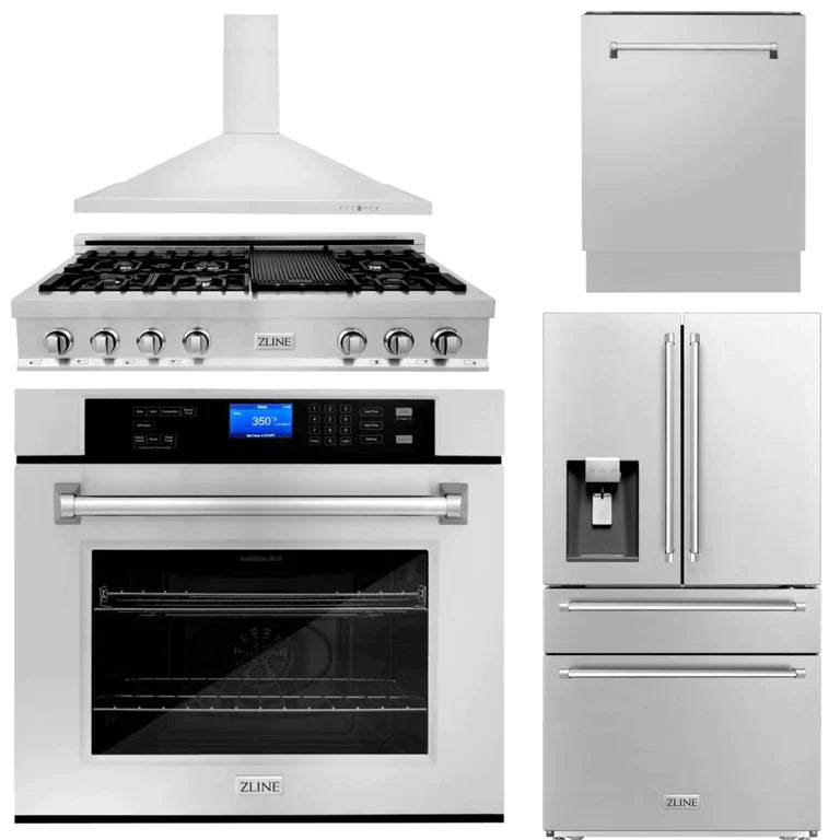 ZLINE Kitchen Package with Water and Ice Dispenser Refrigerator, 48" Rangetop, 48" Range Hood, 30" Single Wall Oven, and 24" Tall Tub Dishwasher