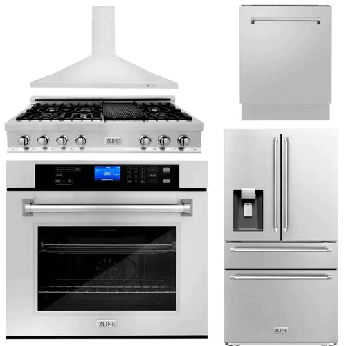 ZLINE Kitchen Package with Water and Ice Dispenser Refrigerator, 48" Rangetop, 48" Range Hood, 30" Single Wall Oven, and 24" Tall Tub Dishwasher 1