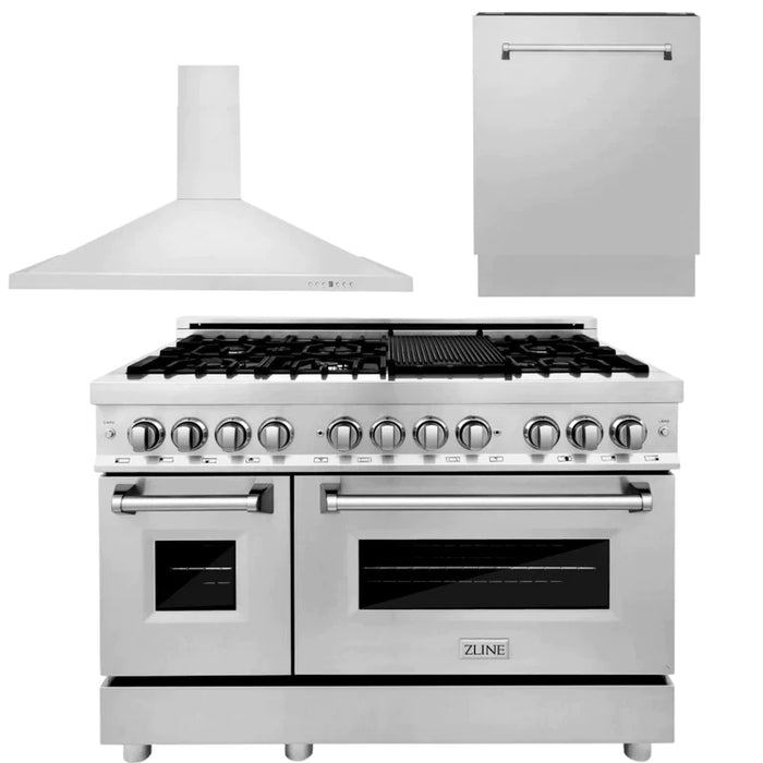 ZLINE 48" Kitchen Package with Stainless Steel Dual Fuel Range, Convertible Vent Range Hood and Tall Tub Dishwasher