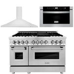 ZLINE 48" Kitchen Package with Stainless Steel Dual Fuel Range, Convertible Vent Range Hood and Microwave Drawer1
