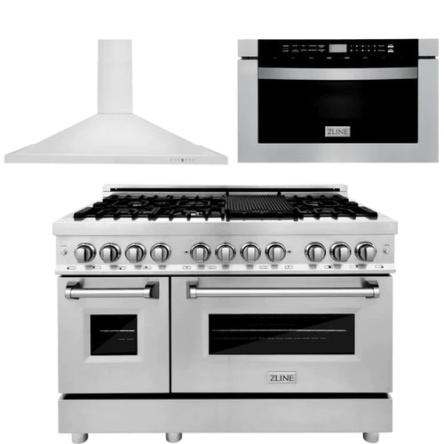 ZLINE 48" Kitchen Package with Stainless Steel Dual Fuel Range, Convertible Vent Range Hood and Microwave Drawer 1
