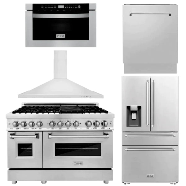 ZLINE Kitchen Package with Water and Ice Dispenser Refrigerator, 60" Dual Fuel Range, 60" Range Hood, Microwave Drawer, and 24" Tall Tub Dishwasher 12