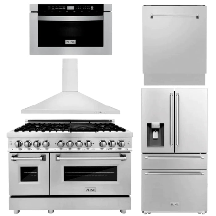 ZLINE Kitchen Package with Water and Ice Dispenser Refrigerator, 60" Dual Fuel Range, 60" Range Hood, Microwave Drawer, and 24" Tall Tub Dishwasher
