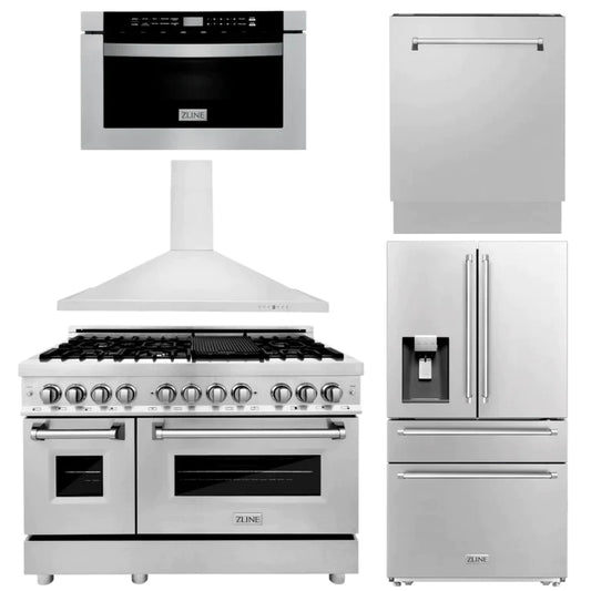 ZLINE Kitchen Package with Water and Ice Dispenser Refrigerator, 48" Dual Fuel Range, 48" Range Hood, Microwave Drawer, and 24" Tall Tub Dishwasher