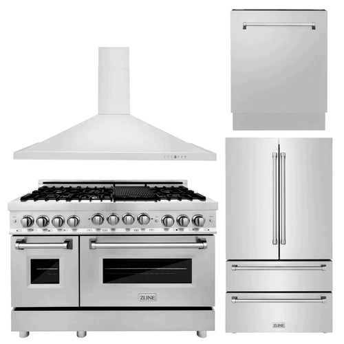ZLINE Kitchen Package with Refrigeration, 48" Stainless Steel Gas Range, 48" Convertible Vent Range Hood and 24" Tall Tub Dishwasher 1