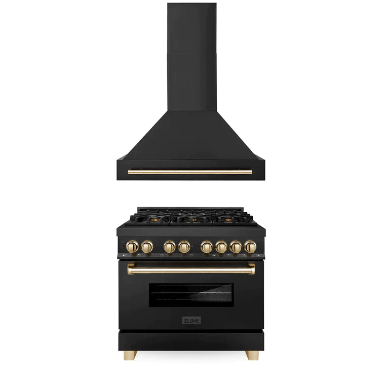 ZLINE Autograph Package - 36 In. Dual Fuel Range, Range Hood in Black Stainless Steel with Gold Accents 1