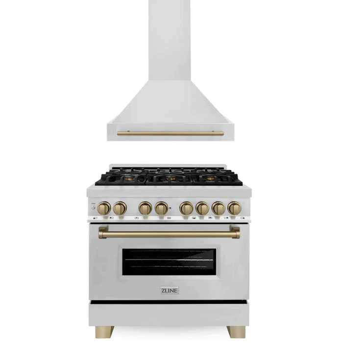 ZLINE Autograph Package - 36 In. Dual Fuel Range, Range Hood in Stainless Steel with Accents