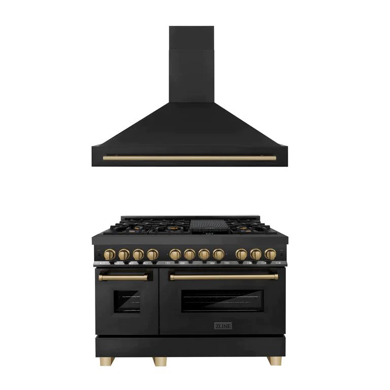 ZLINE Autograph Package - 48 In. Dual Fuel Range, Range Hood in Black Stainless Steel with Champagne Bronze Accents