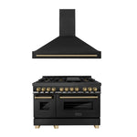 ZLINE Autograph Package - 48 In. Dual Fuel Range, Range Hood in Black Stainless Steel with Champagne Bronze Accents1