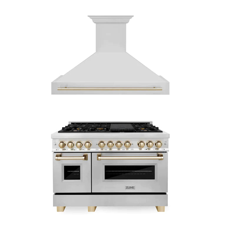 ZLINE Autograph Package - 48 In. Dual Fuel Range, Range Hood in Stainless Steel with Accents
