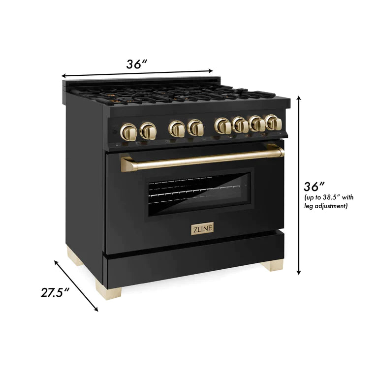 ZLINE Autograph Package - 36 In. Dual Fuel Range, Range Hood in Black Stainless Steel with Gold Accents