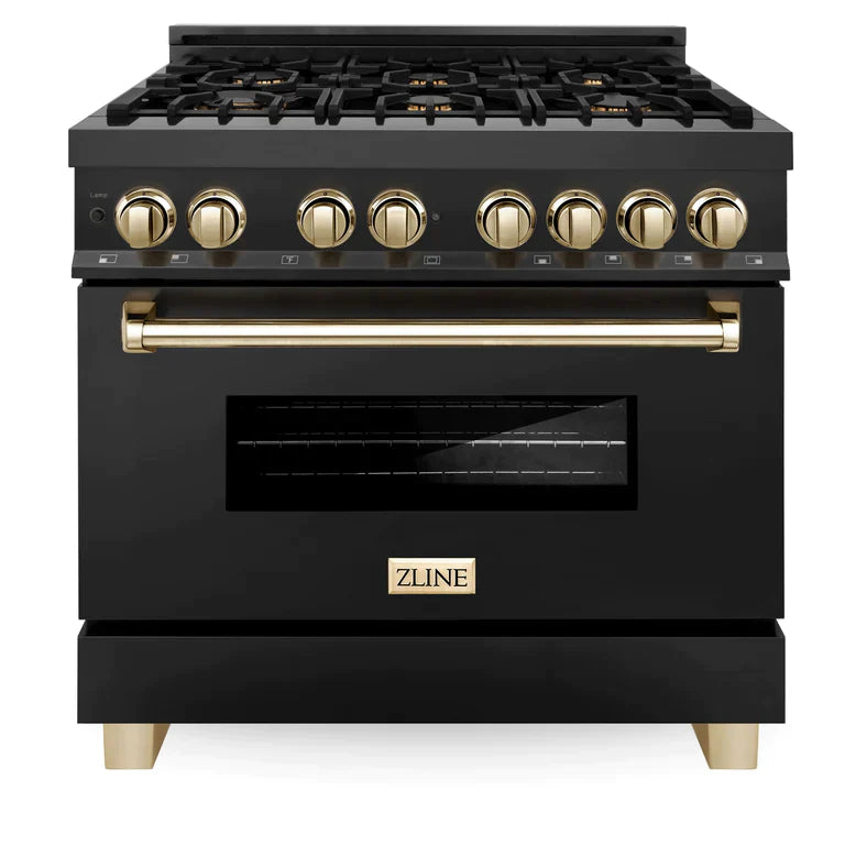 ZLINE Autograph Package - 36 In. Dual Fuel Range, Range Hood in Black Stainless Steel with Gold Accents