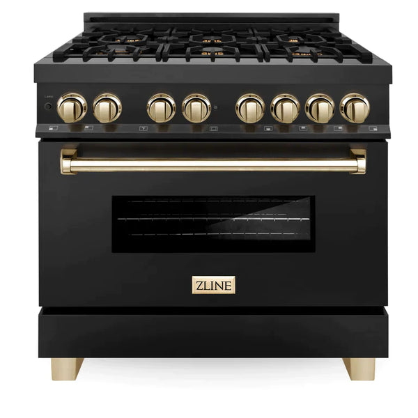 ZLINE Autograph Package - 36 In. Dual Fuel Range, Range Hood in Black Stainless Steel with Gold Accents 2