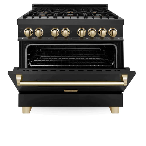 ZLINE Autograph Package - 36 In. Dual Fuel Range, Range Hood in Black Stainless Steel with Gold Accents 3