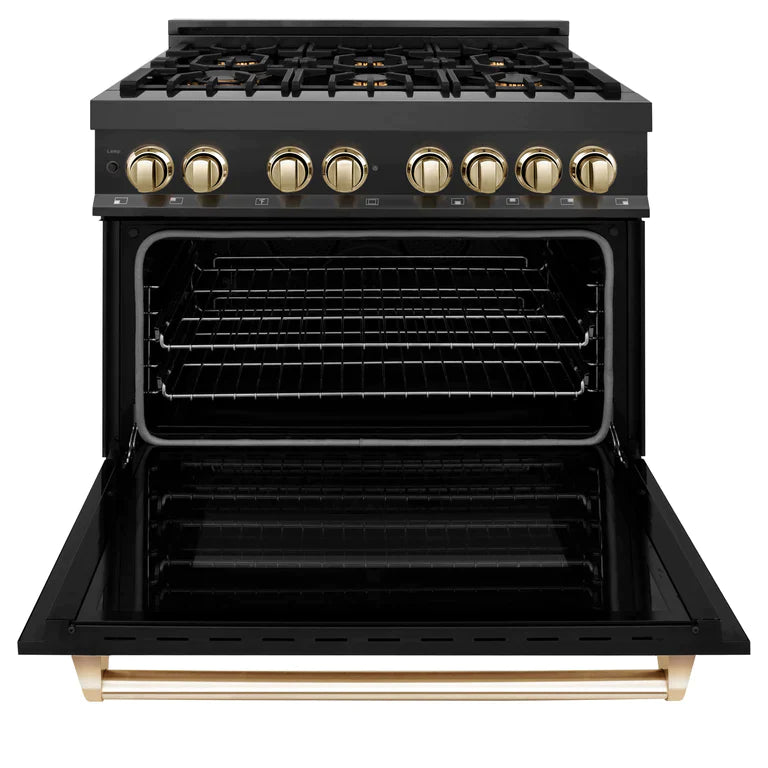 ZLINE Autograph Package - 36 In. Dual Fuel Range, Range Hood in Black Stainless Steel with Gold Accents 5
