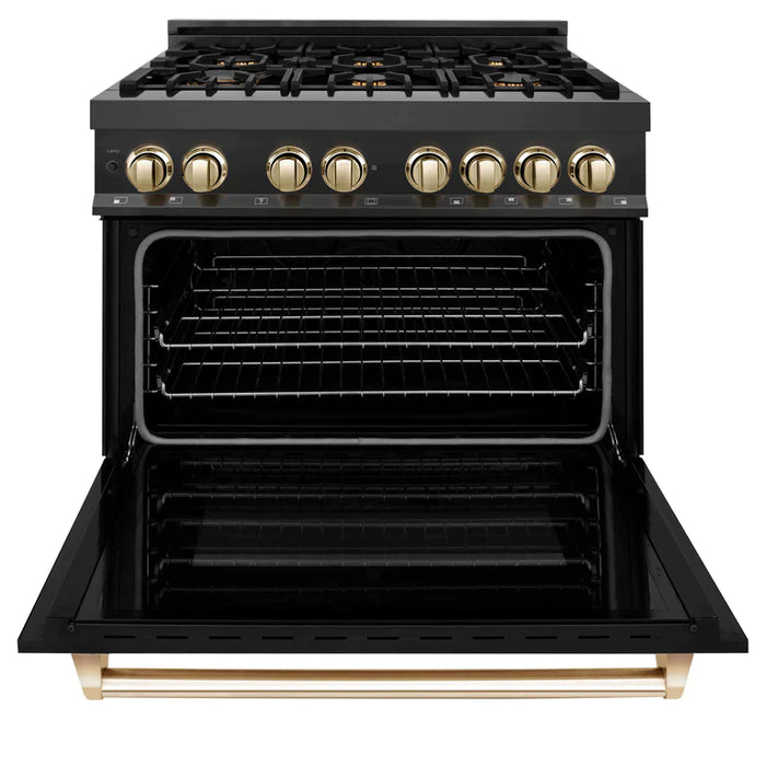 ZLINE Autograph Package - 36 In. Dual Fuel Range, Range Hood in Black Stainless Steel with Gold Accents