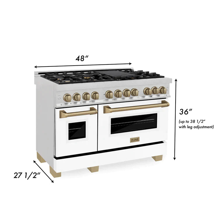 ZLINE Autograph 48 in. 6.0 cu. ft. Range, Gas Stove, Electric Oven in DuraSnow® with White Matte Door, Champagne Bronze Accents