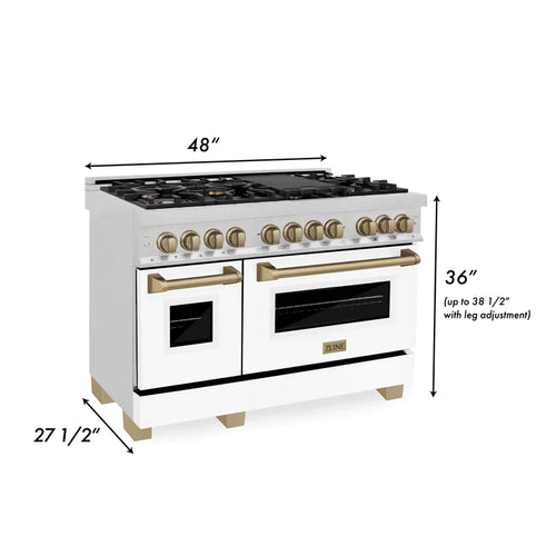 ZLINE Autograph 48 in. 6.0 cu. ft. Range, Gas Stove, Electric Oven in DuraSnow® with White Matte Door, Champagne Bronze Accents 5