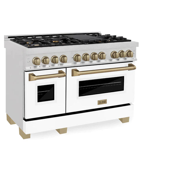 ZLINE Autograph 48 in. 6.0 cu. ft. Range, Gas Stove, Electric Oven in DuraSnow® with White Matte Door, Champagne Bronze Accents 8