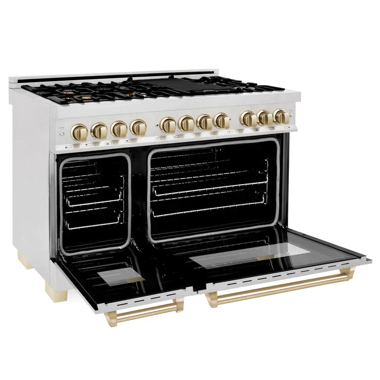ZLINE Autograph 48 in. Gas Burner/Electric Oven in DuraSnow® Stainless Steel with Gold Accents