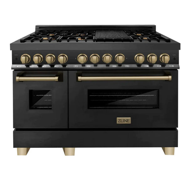 ZLINE Autograph Package - 48 In. Dual Fuel Range, Range Hood in Black Stainless Steel with Champagne Bronze Accents 2