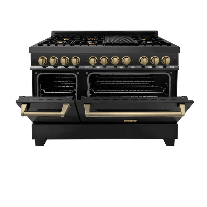 ZLINE Autograph Package - 30 In. Dual Fuel Range, Range Hood in Black Stainless Steel with Champagne Bronze Accents