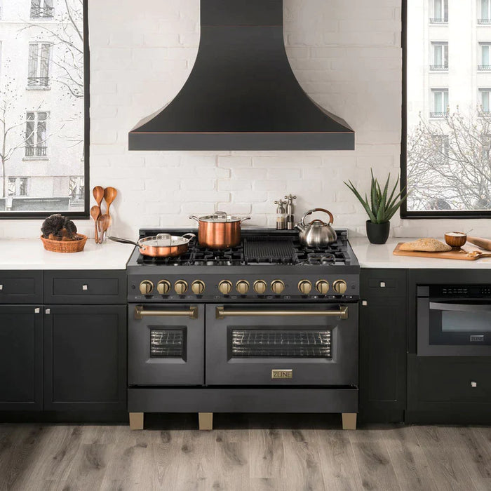 ZLINE Autograph Package - 30 In. Dual Fuel Range, Range Hood in Black Stainless Steel with Champagne Bronze Accents