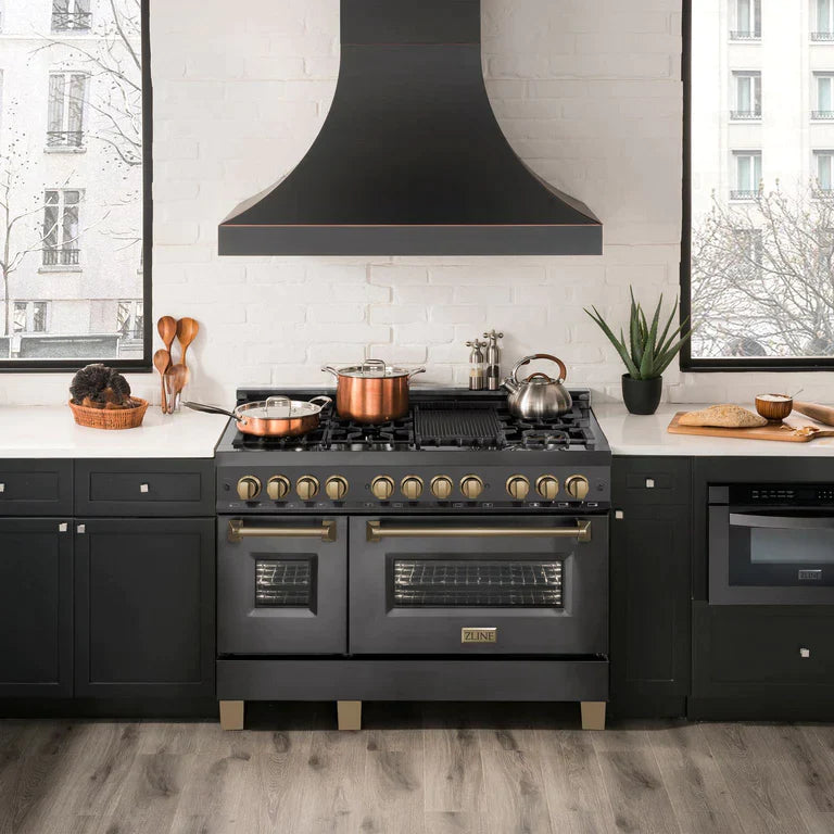 ZLINE Autograph Package - 48 In. Dual Fuel Range, Range Hood in Black Stainless Steel with Champagne Bronze Accents 3