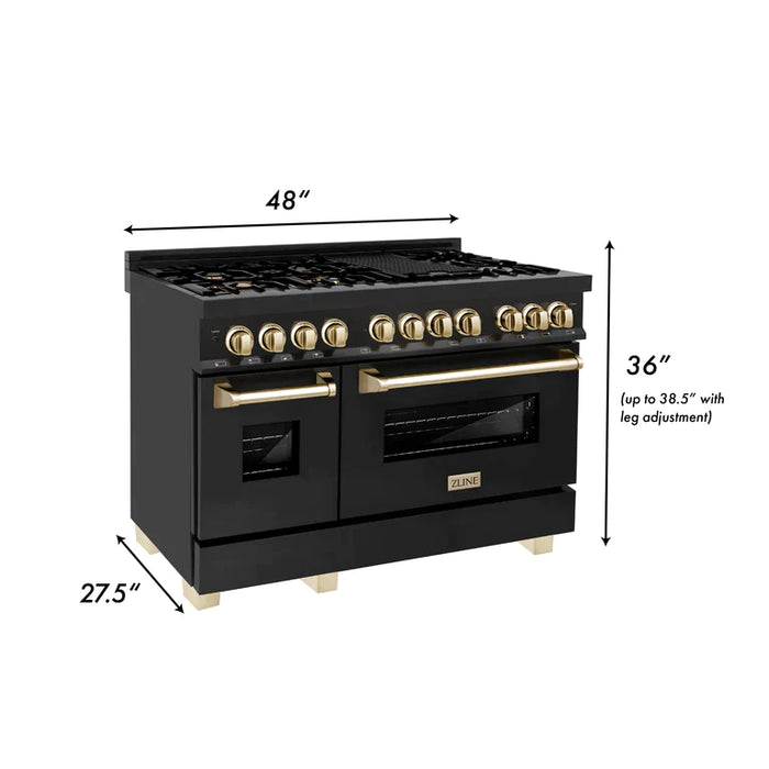 ZLINE Autograph Package - 48 In. Dual Fuel Range, Range Hood in Black Stainless Steel with Gold Accents