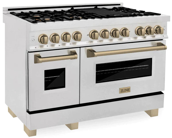 ZLINE Autograph 48 in. Gas Burner, Electric Oven in DuraSnow® Stainless Steel with Champagne Bronze Accents 9