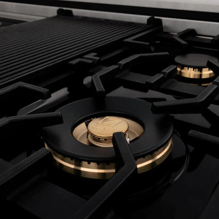 ZLINE Autograph 48 in. Gas Burner, Electric Oven in DuraSnow® Stainless Steel with Champagne Bronze Accents