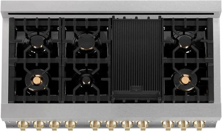 ZLINE Autograph 48 in. Gas Burner, Electric Oven in DuraSnow® Stainless Steel with Champagne Bronze Accents