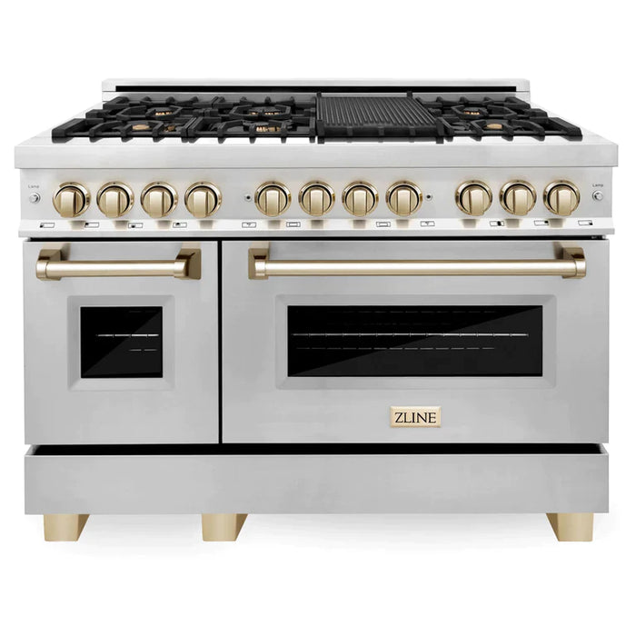 ZLINE Autograph 48 in. Gas Burner/Electric Oven in Stainless Steel with Gold Accents