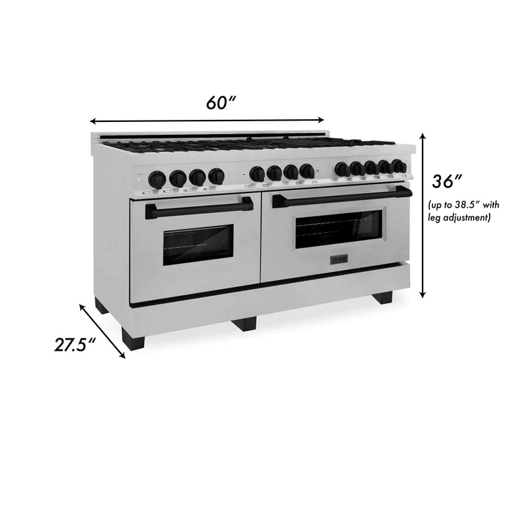 ZLINE Autograph 60 In. 7.4 cu. ft. Dual Fuel Range in DuraSnow® Stainless Steel with Matte Black Accents