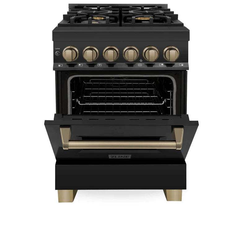 ZLINE Autograph Edition 24 Inch 2.8 cu. ft. Dual Fuel Range with Gas Stove and Electric Oven in Black Stainless Steel with Champagne Bronze Accents