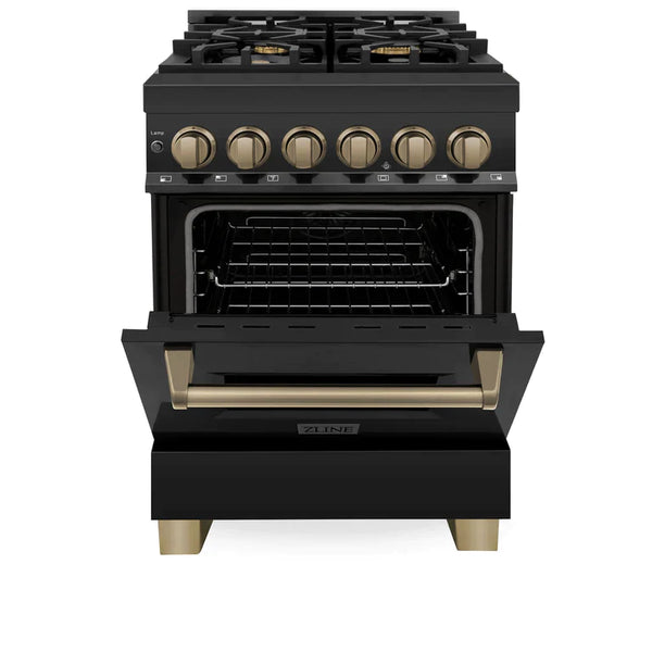 ZLINE Autograph Edition 24 Inch 2.8 cu. ft. Dual Fuel Range with Gas Stove and Electric Oven in Black Stainless Steel with Champagne Bronze Accents 1