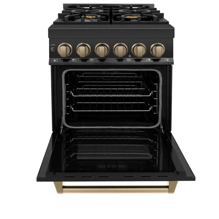 ZLINE Autograph Edition 24 Inch 2.8 cu. ft. Dual Fuel Range with Gas Stove and Electric Oven in Black Stainless Steel with Champagne Bronze Accents