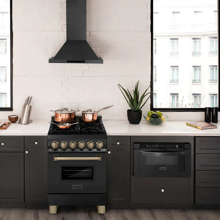 ZLINE Autograph Edition 24 Inch 2.8 cu. ft. Dual Fuel Range with Gas Stove and Electric Oven in Black Stainless Steel with Champagne Bronze Accents