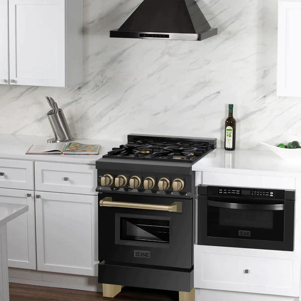 ZLINE Autograph Edition 24 Inch 2.8 cu. ft. Dual Fuel Range with Gas Stove and Electric Oven in Black Stainless Steel with Champagne Bronze Accents 10