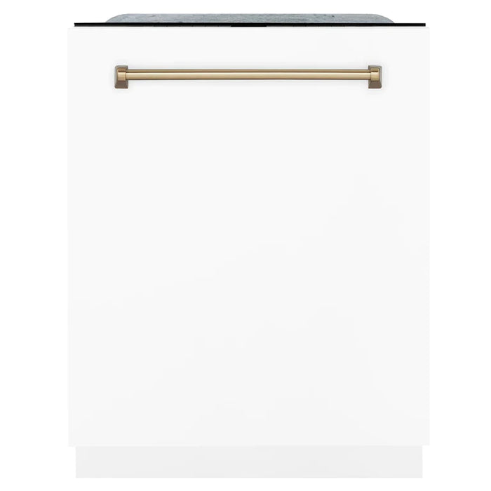 ZLINE Autograph Edition Kitchen Package with Stainless Steel Dual Fuel Range with White Matte Door, Range Hood and Dishwasher with Accents