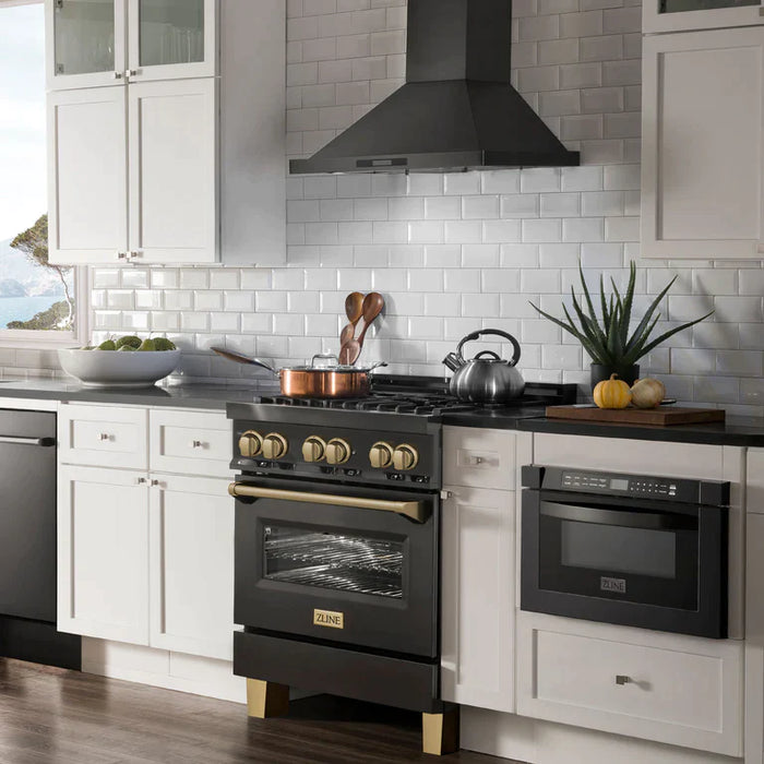 ZLINE Autograph Edition Kitchen Package with Black Stainless Steel Dual Fuel Range, Range Hood and Dishwasher with Accents