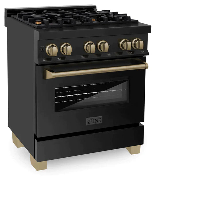 ZLINE Autograph Edition 30 inch Dual Fuel Range with Gas Stove and Electric Oven in Black Stainless Steel with Champagne Bronze Accents
