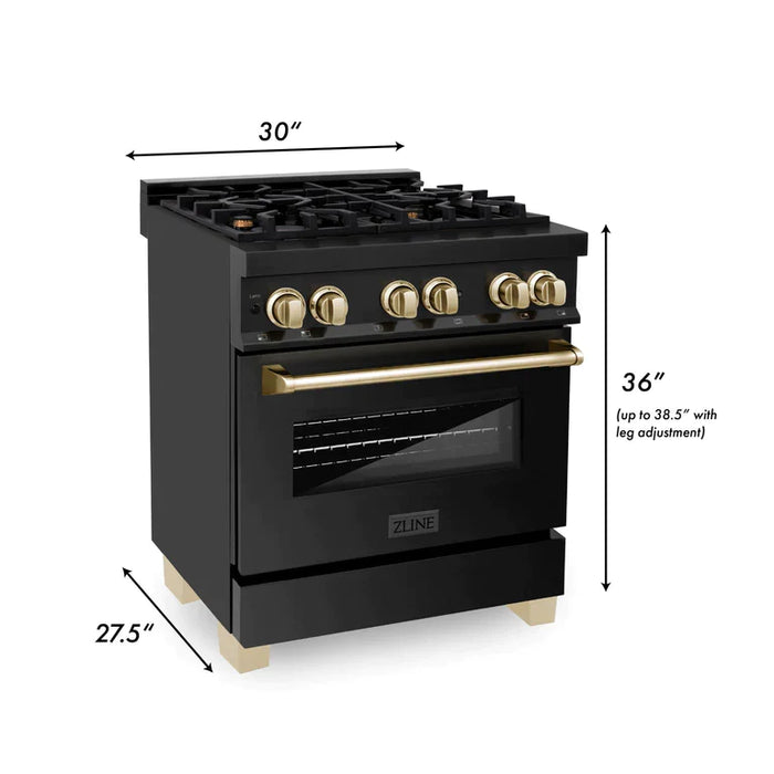 ZLINE Autograph Package - 30 In. Dual Fuel Range, Range Hood in Black Stainless Steel with Gold Accents