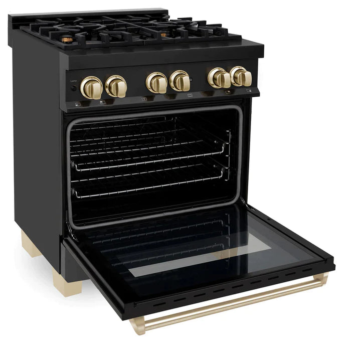 ZLINE Autograph Package - 30 In. Dual Fuel Range, Range Hood in Black Stainless Steel with Gold Accents