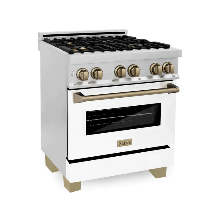 ZLINE Autograph Edition 30 Inch Dual Fuel Range with Gas Stove and Electric Oven in Stainless Steel with White Matte Door, Champagne Bronze Accents